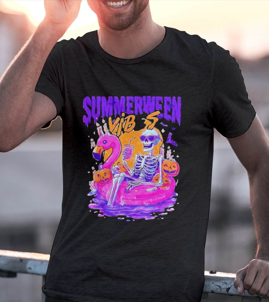 Summerween Vibes Skeleton On Flamingo With Pumpkins T-Shirt