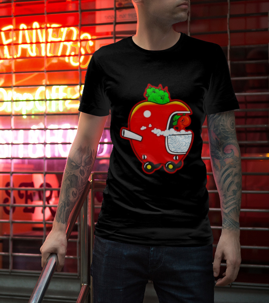 Smokey Worm Apple Cartoon Red Apple With Smoke And Wheels T-Shirt