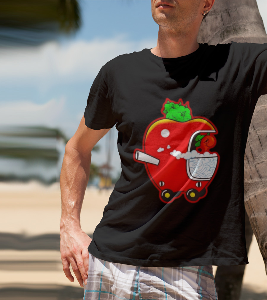 Smokey Worm Apple Cartoon Red Apple With Smoke And Wheels T-Shirt