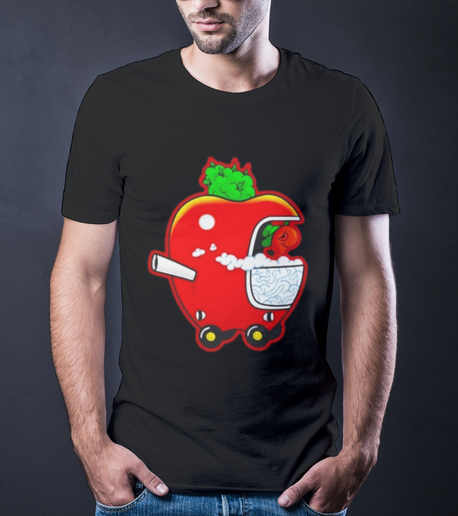 Smokey Worm Apple Cartoon Red Apple With Smoke And Wheels T-Shirt