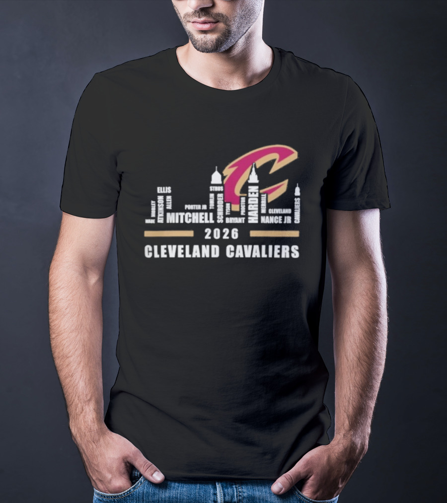 Cleveland Cavaliers 2026 Skyline Mitchell Bickerstaff Garland Allen Mobley Wade Okoro LeVert Stevens T-Shirt