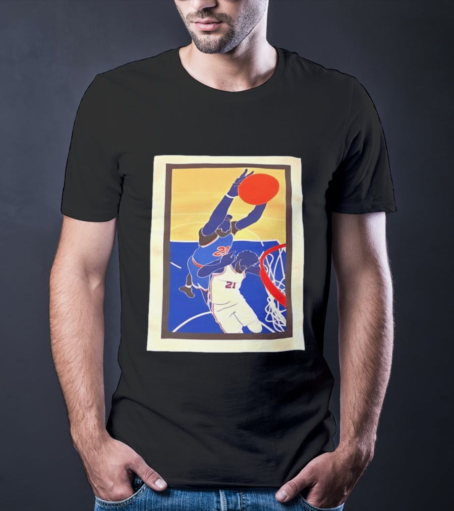Mitchell Robinson 23 Dunking Joel Embiid 21 New York Knicks Basketball NBA 2026 T-Shirt