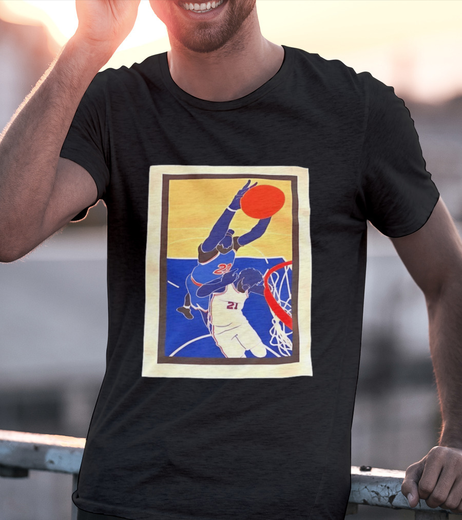 Mitchell Robinson 23 Dunking Joel Embiid 21 New York Knicks Basketball NBA 2026 T-Shirt