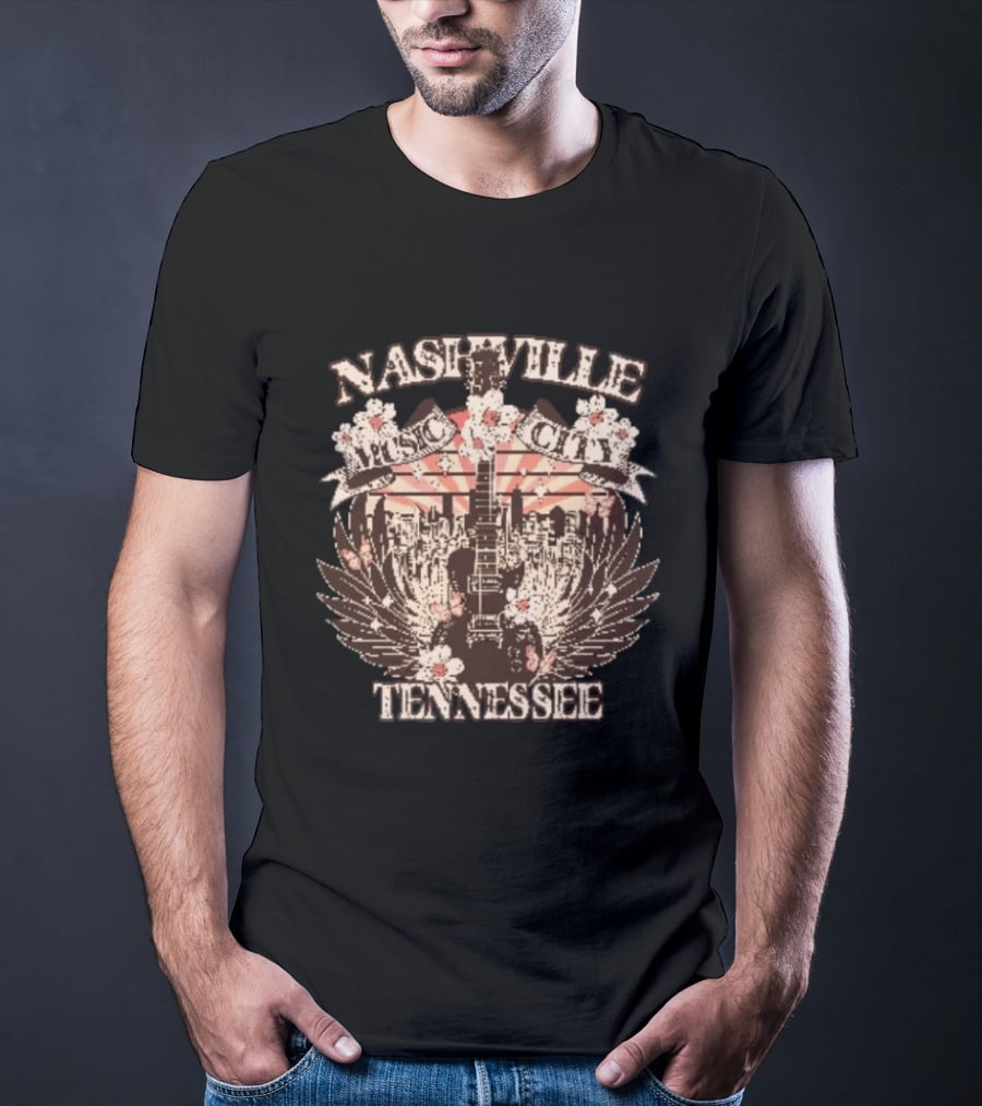 Nashville Music City Tennessee Vintage Guitar Flowers Skyline T-Shirt