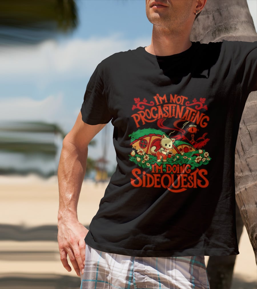 I'm Not Procrastinating I'm Doing Side Quests Cute Cat Adventure Scene T-Shirt
