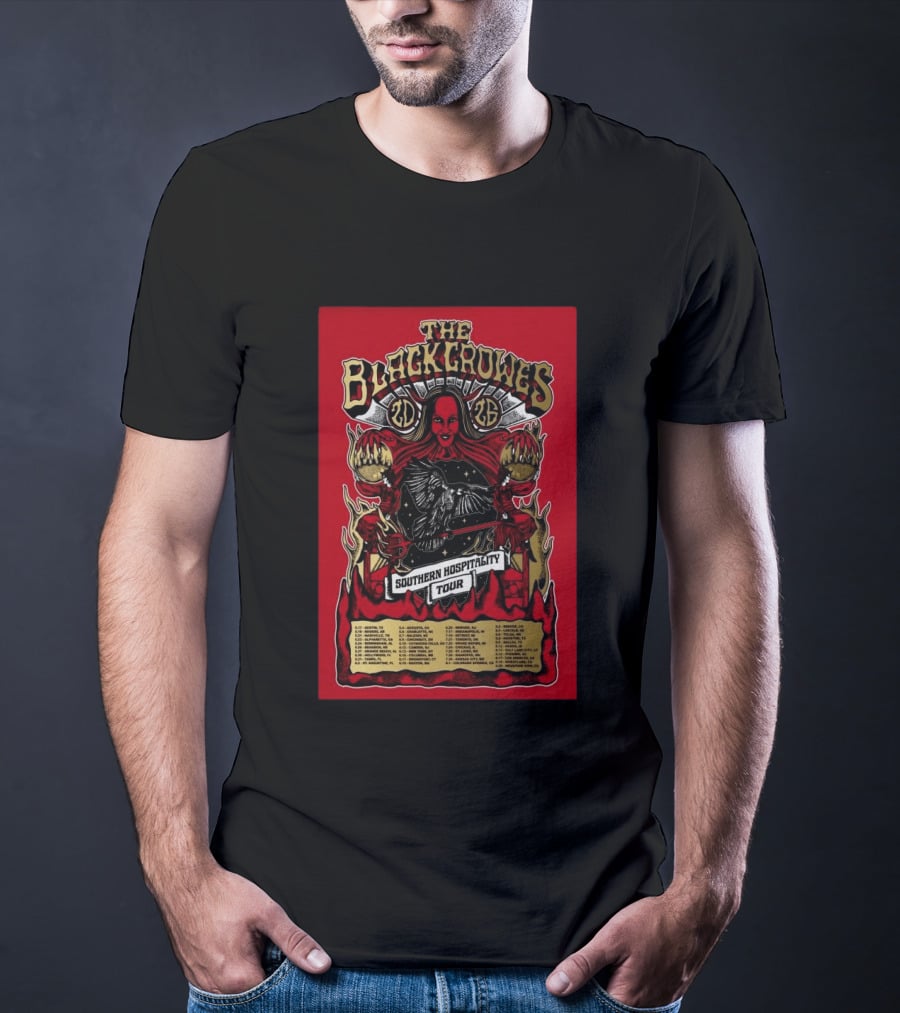 The Black Crowes Southern Hospitality Tour 2026 Red Background Gothic Crow Imagery Vintage Band Tour Dates T-Shirt