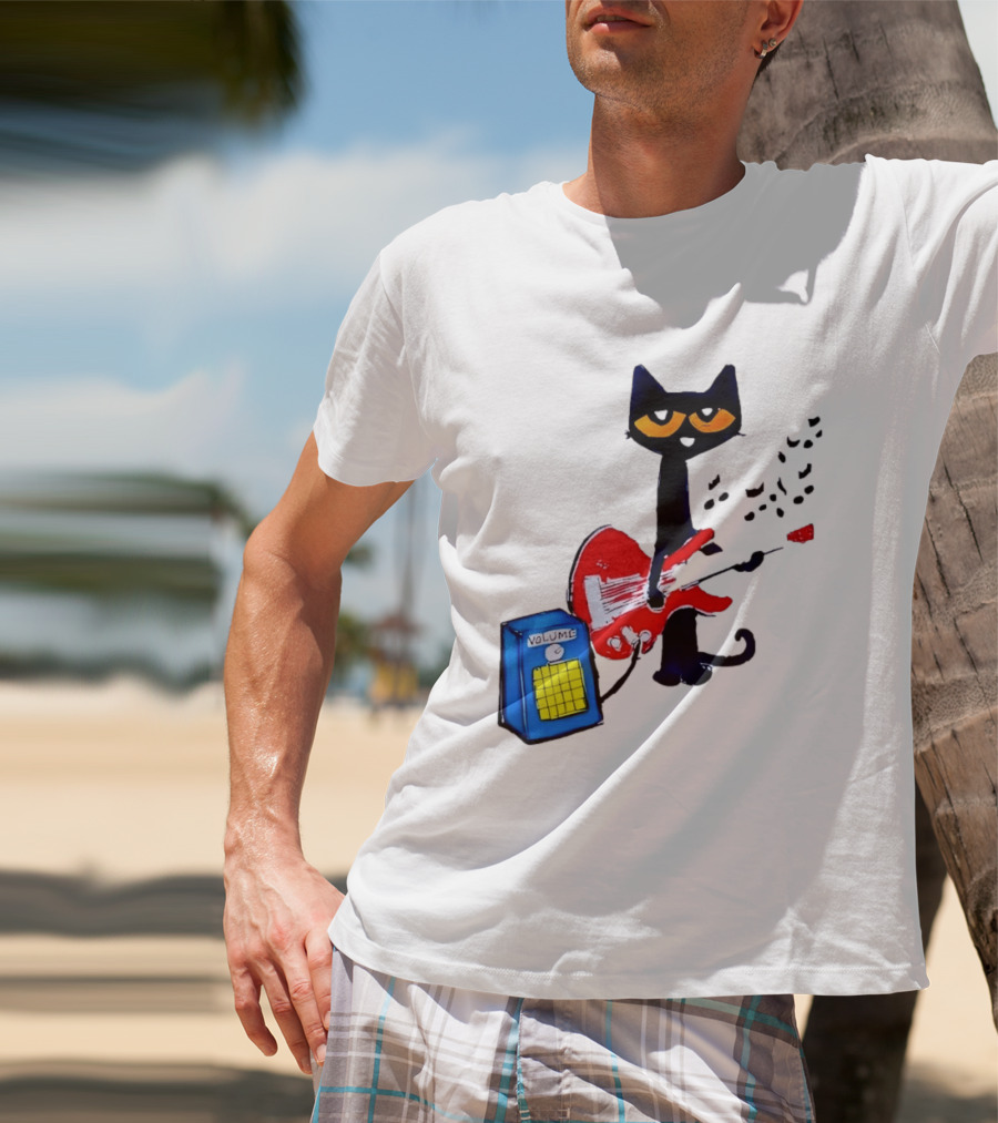 Pete The Cat Playing Red Guitar With Volume Amplifier Music Notes T-Shirt
