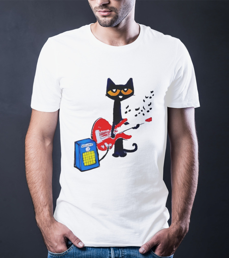 Pete The Cat Playing Red Guitar With Volume Amplifier Music Notes T-Shirt