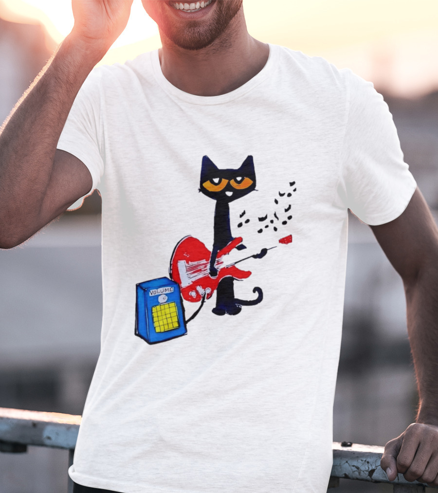 Pete The Cat Playing Red Guitar With Volume Amplifier Music Notes T-Shirt