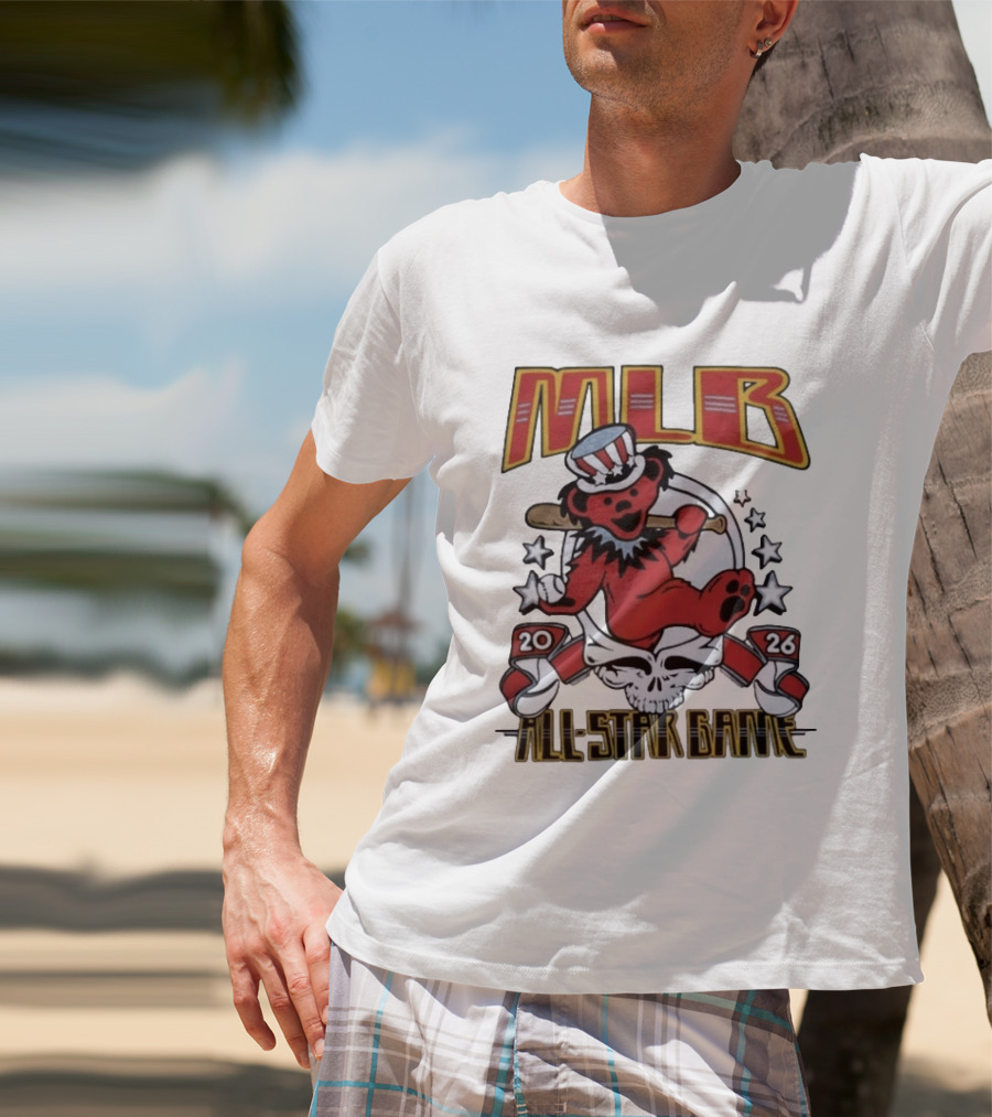MLB 2026 All Star Game Grateful Dead Bear With Bat Patriotic Hat T-Shirt