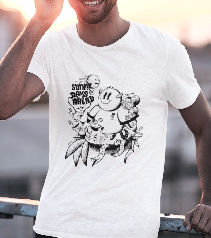 Sunny Days Ahead Monster Doodle Happy Cartoon Character With Flowers T-Shirt