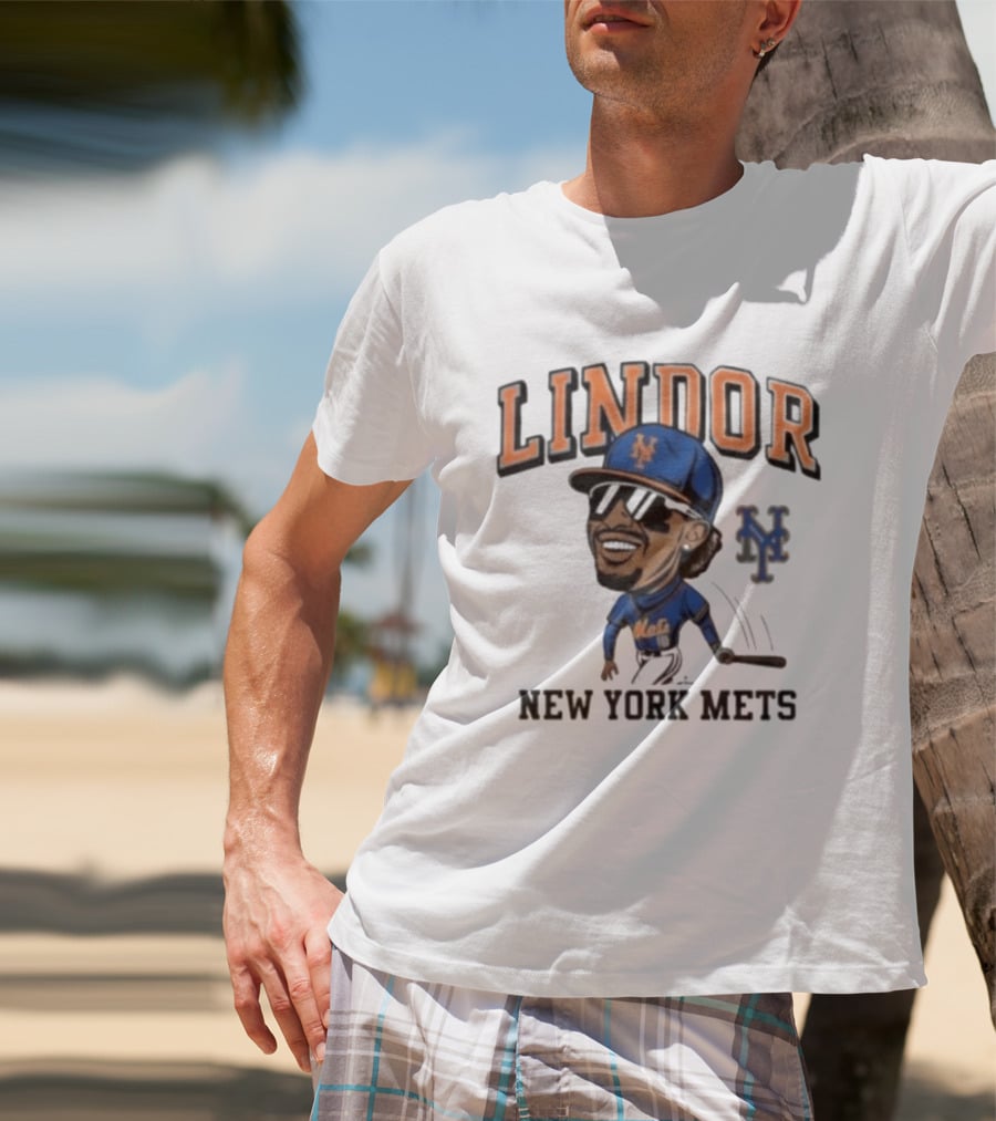 Lindor New York Mets 26 Caricature Baseball Player With Cap T-Shirt