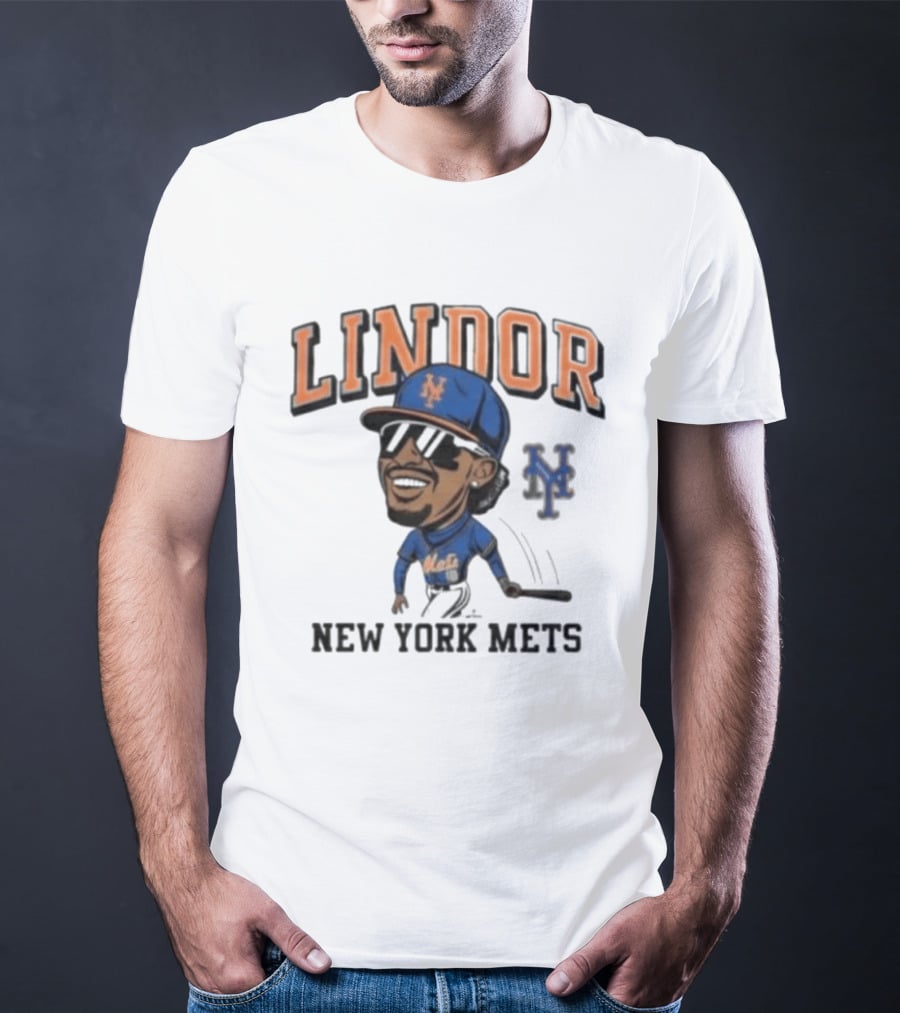 Lindor New York Mets 26 Caricature Baseball Player With Cap T-Shirt