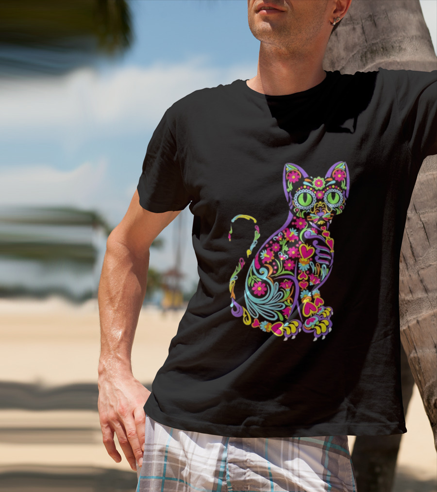 Sugar Skull Cat With Vibrant Floral T-Shirt