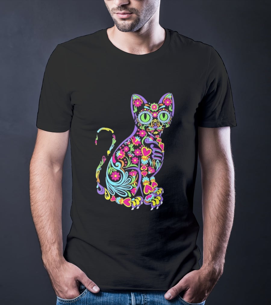 Sugar Skull Cat With Vibrant Floral T-Shirt