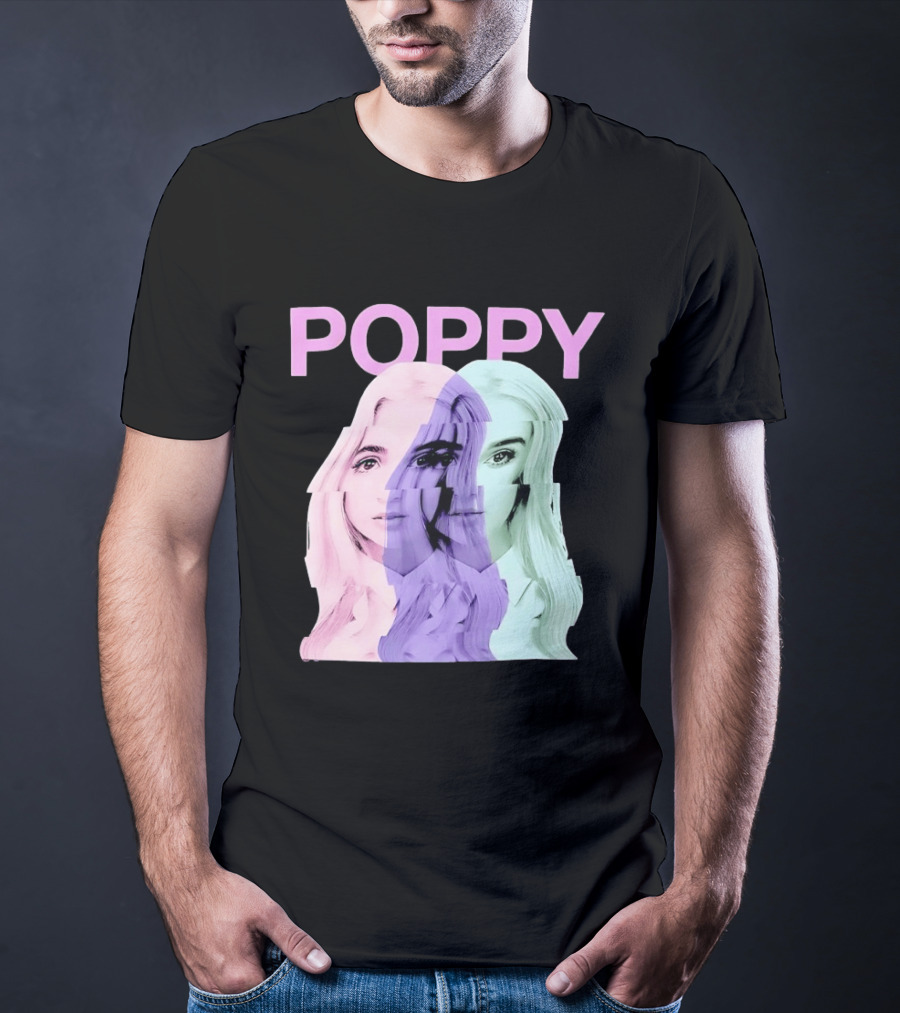 Poppy Digital Muse Glitch Faces Tricolor T-Shirt