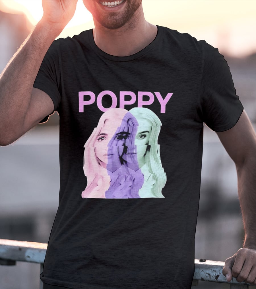 Poppy Digital Muse Glitch Faces Tricolor T-Shirt