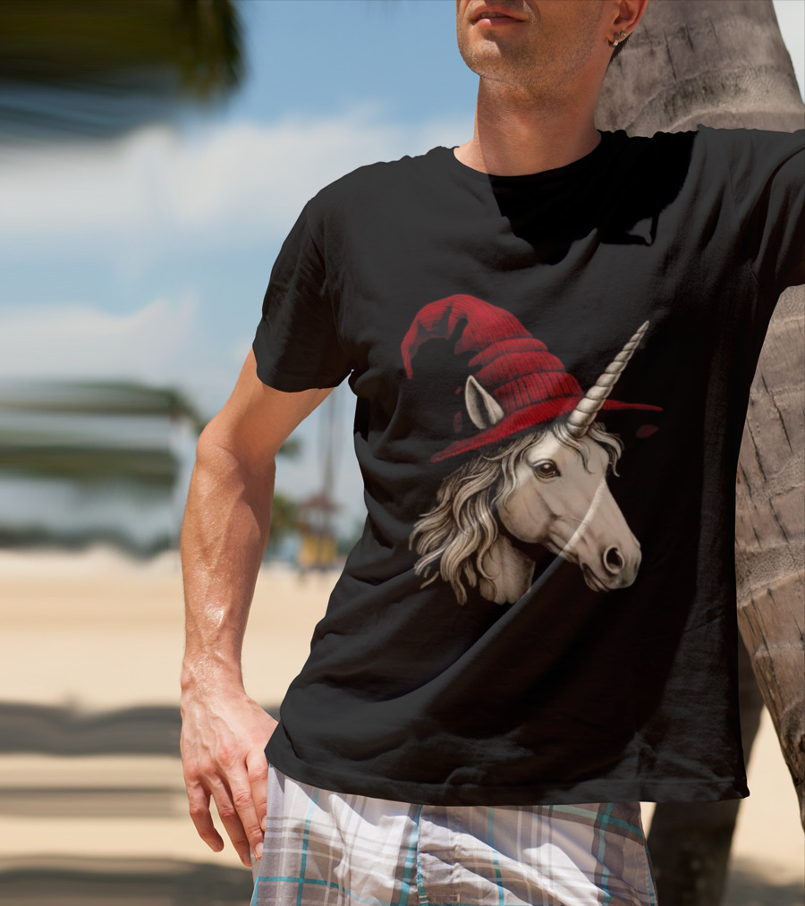 Unicorn With Red Wizard Witch Hat Beanie T-Shirt