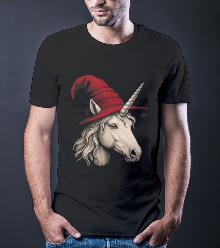 Unicorn With Red Wizard Witch Hat Beanie T-Shirt