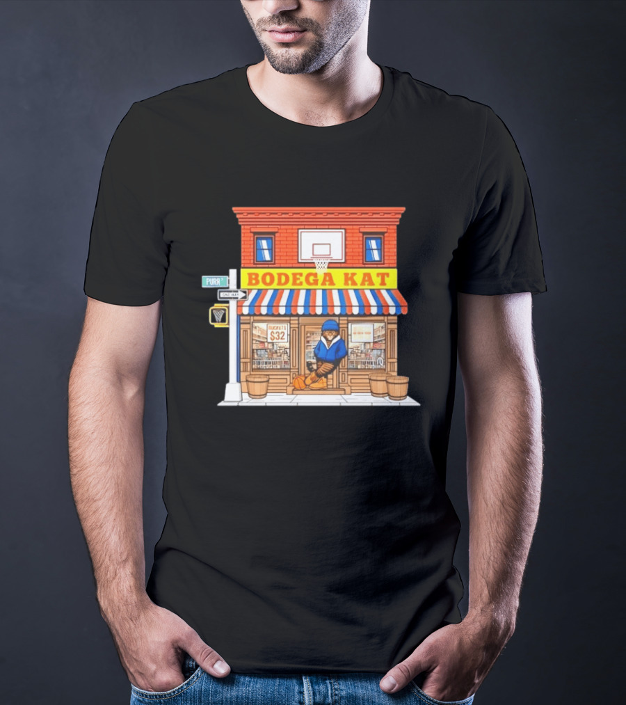 Bodega KAT New York Knicks Basketball Street Scene Purr Street Sign T-Shirt