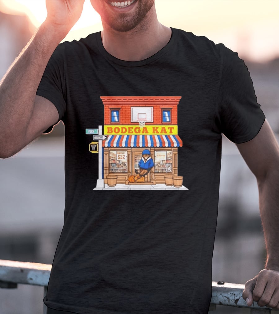 Bodega KAT New York Knicks Basketball Street Scene Purr Street Sign T-Shirt