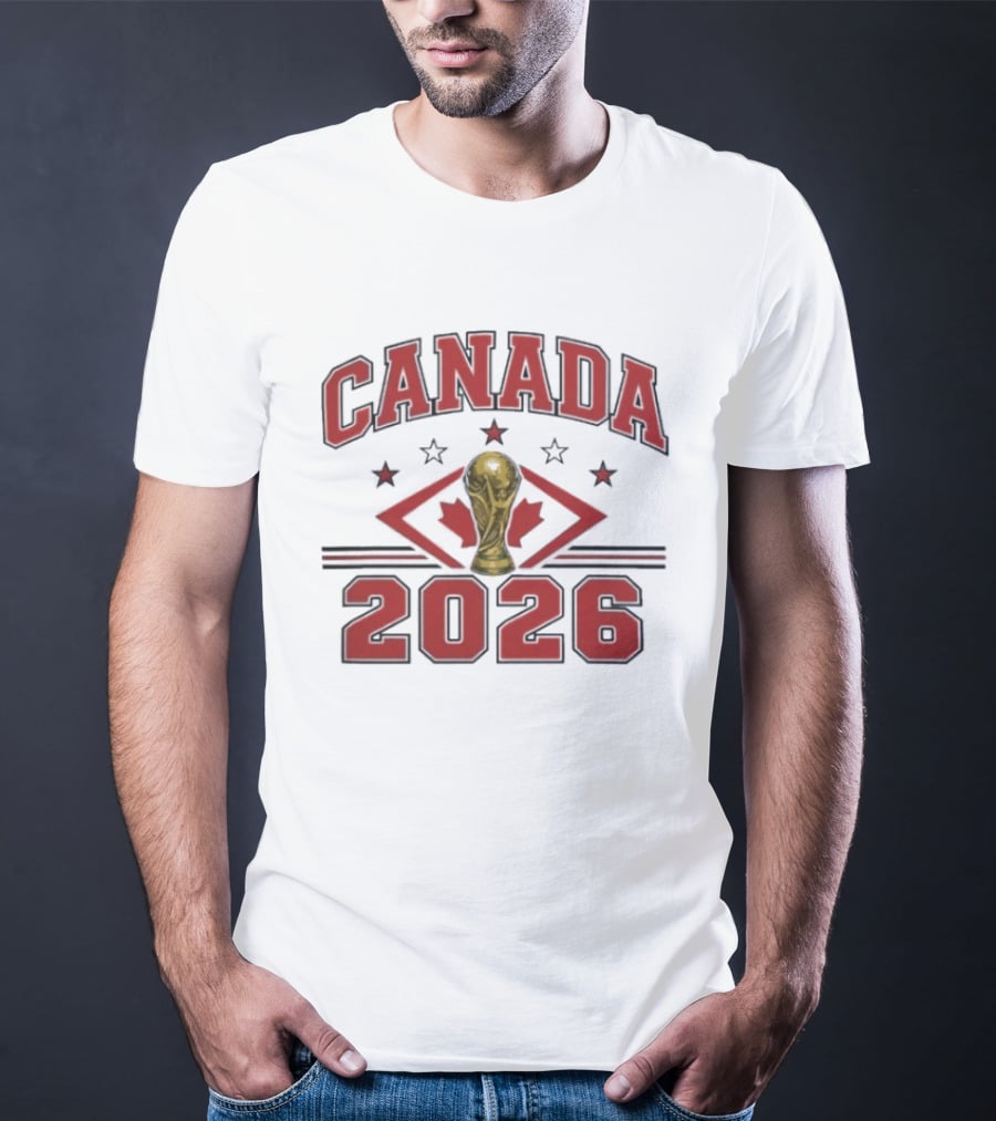 Canada 2026 Football World Cup Trophy And Maple Leaf T-Shirt