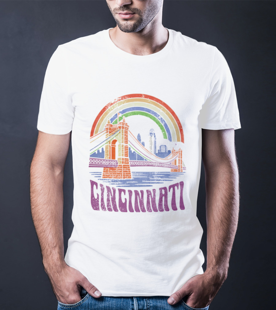 Cincinnati Roebling Bridge Rainbow Skyline Proud Of Our City T-Shirt