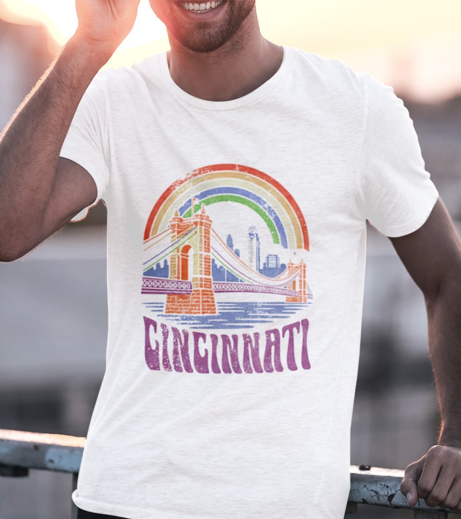 Cincinnati Roebling Bridge Rainbow Skyline Proud Of Our City T-Shirt