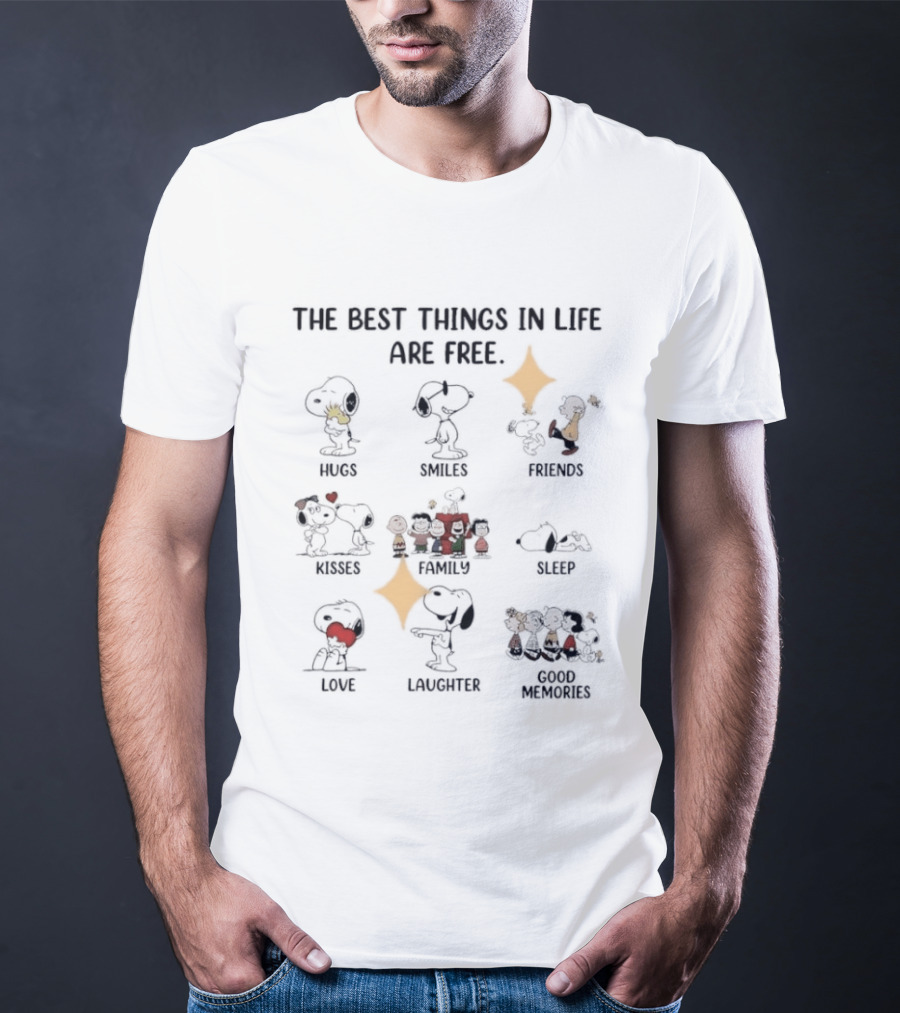 Peanuts Gang The Best Things In Life Are Free Hugs Smiles Friends Kisses Sleep Love Laughter Good Memories T-Shirt