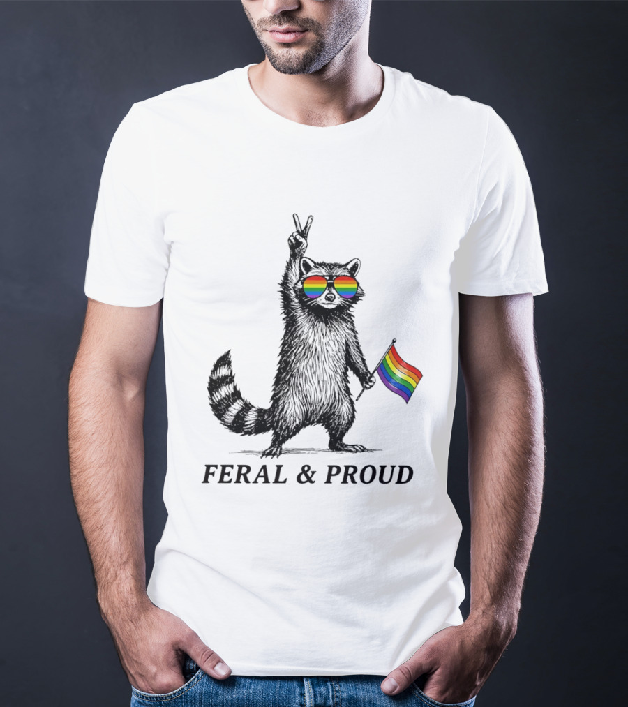 Feral And Proud Raccoon Peace Sign Rainbow Sunglasses Flag T-Shirt