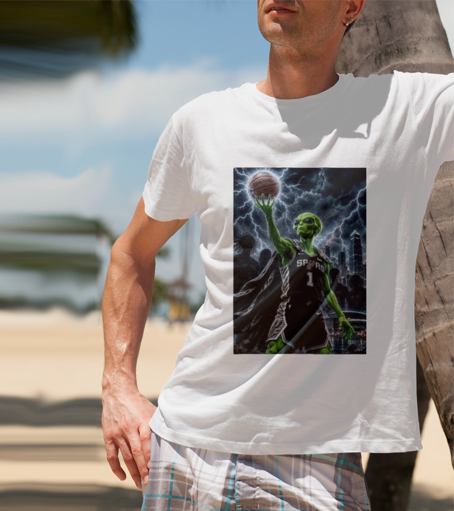 NBA Spurs Alien Spalding Basketball Hovering In Stormy City Skyline T-Shirt