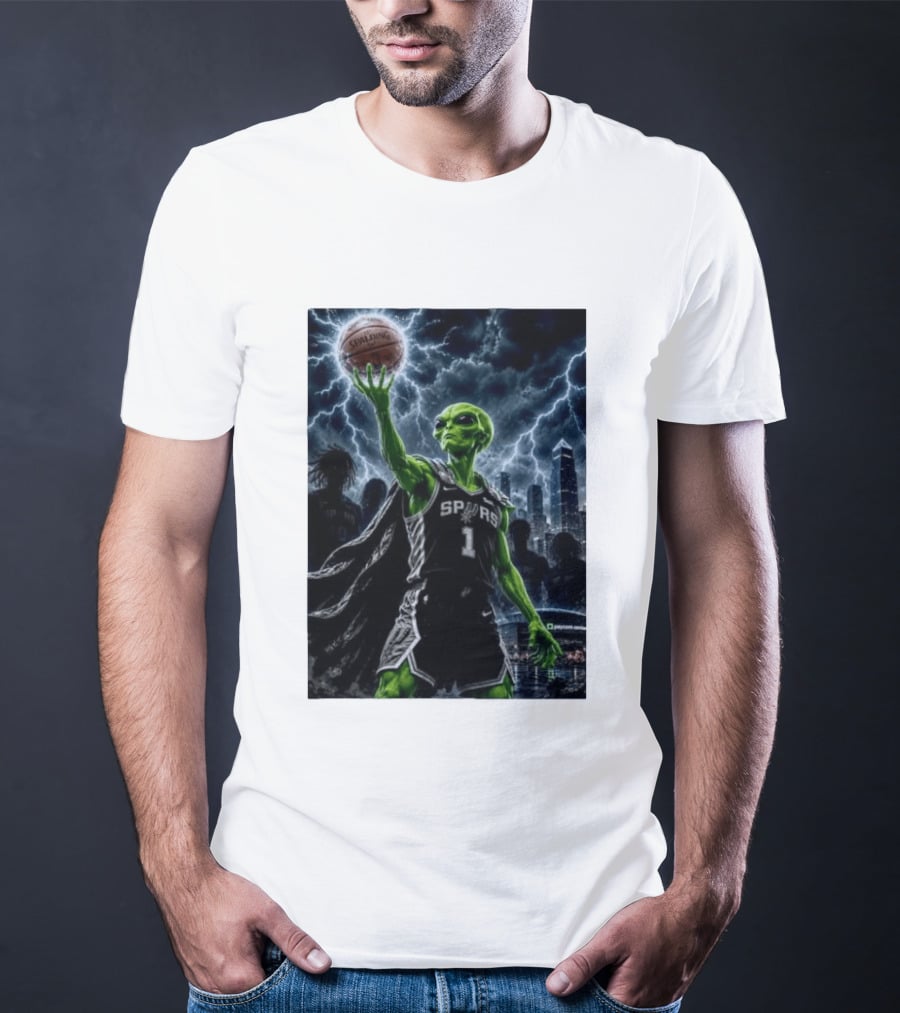 NBA Spurs Alien Spalding Basketball Hovering In Stormy City Skyline T-Shirt