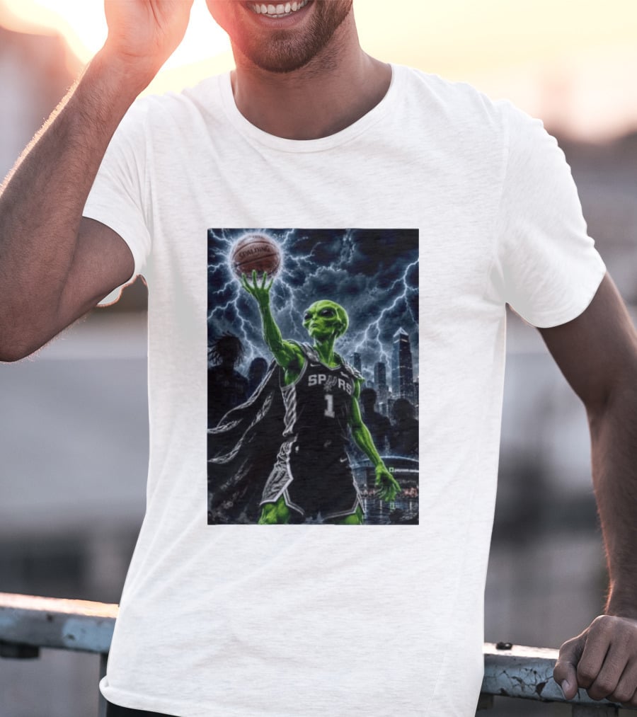NBA Spurs Alien Spalding Basketball Hovering In Stormy City Skyline T-Shirt