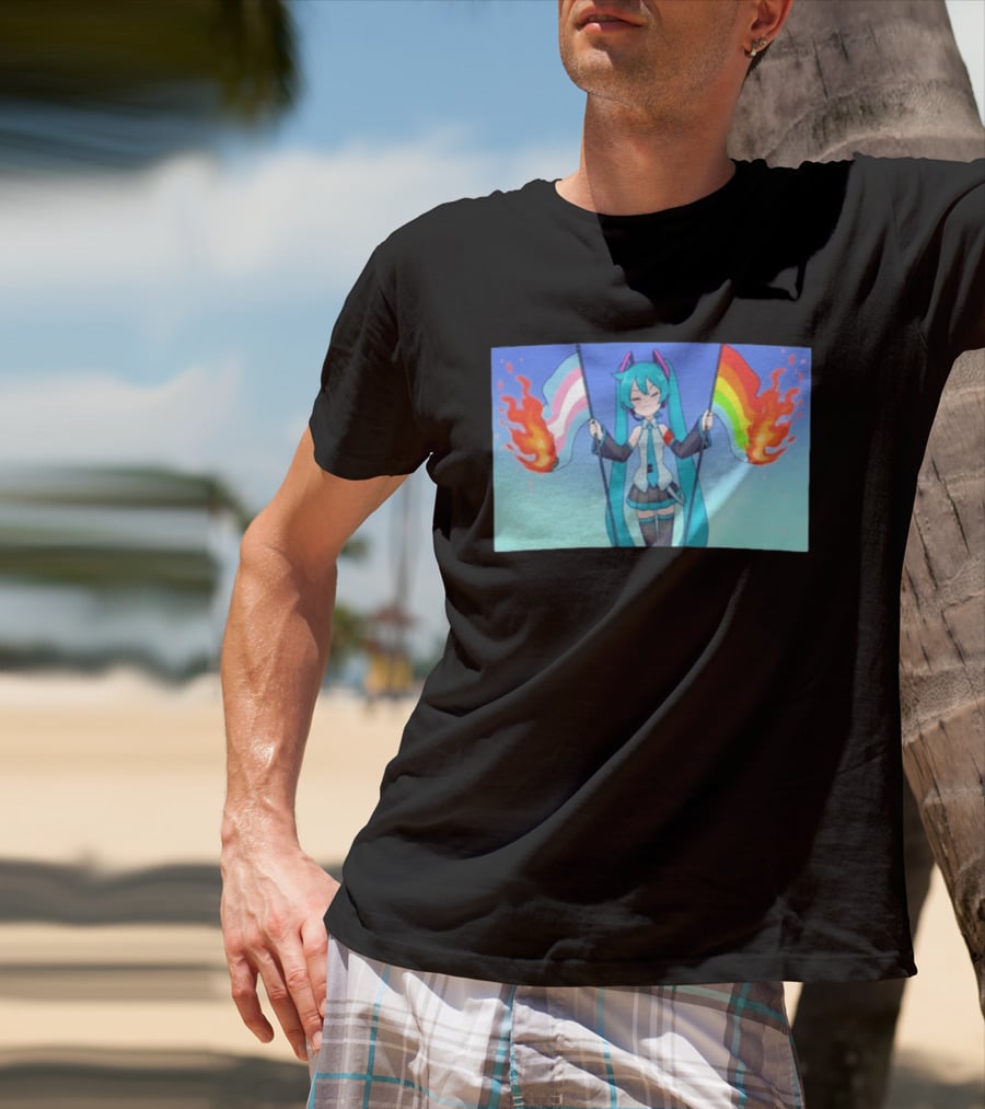 Anime Vocaloid Miku Holding Burning Transgender And Rainbow Flags Controversial Pride Month 2026 T-Shirt