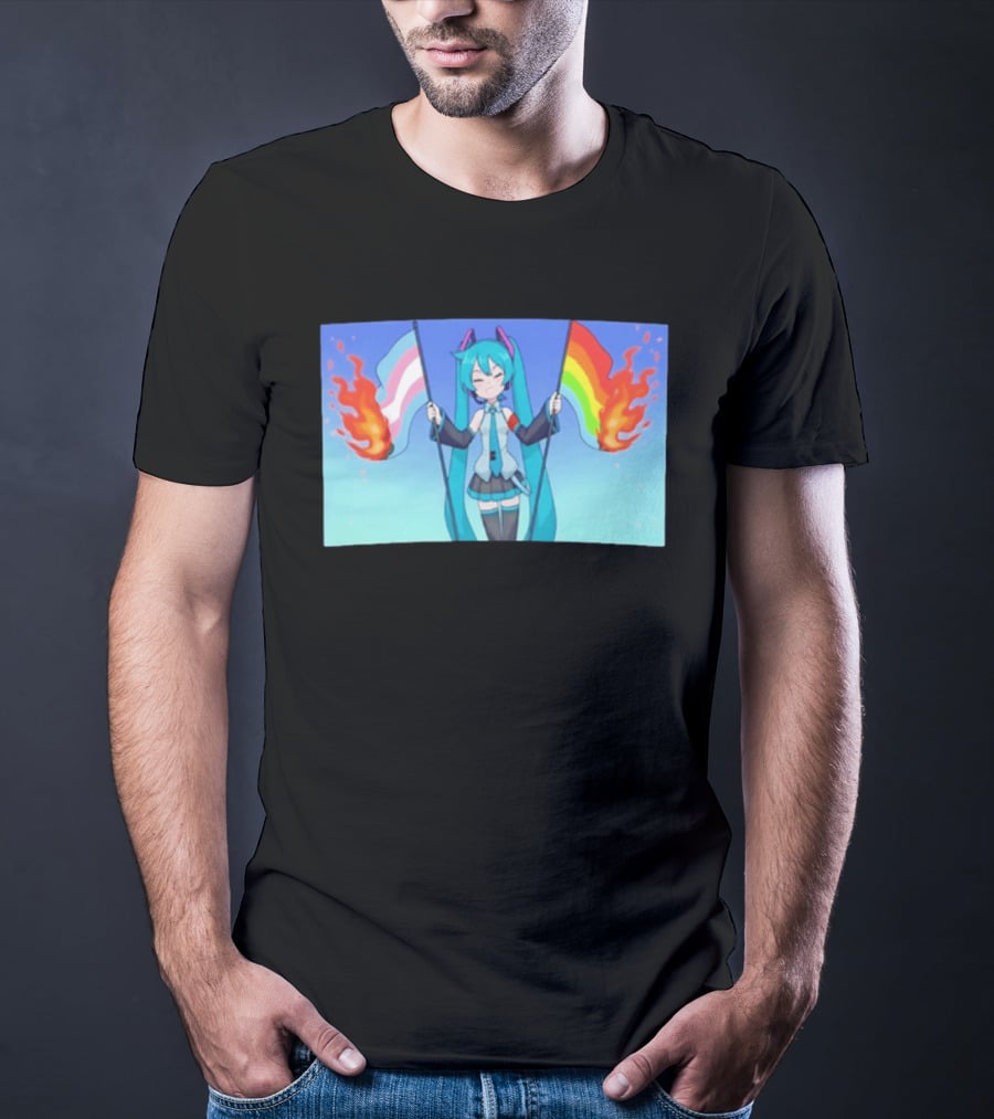 Anime Vocaloid Miku Holding Burning Transgender And Rainbow Flags Controversial Pride Month 2026 T-Shirt