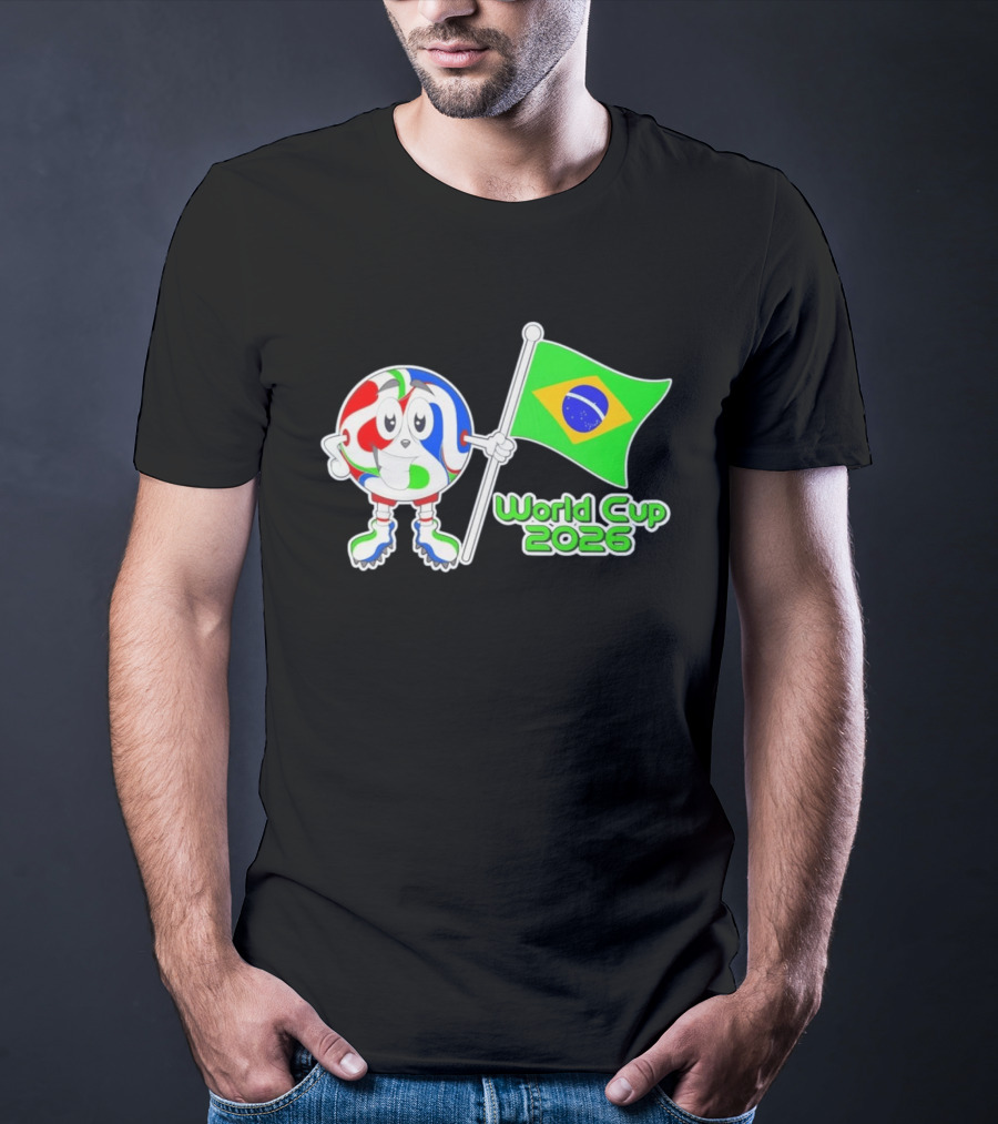 World Cup 2026 Cartoon Character With Brazil Flag Soccer Ball T-Shirt