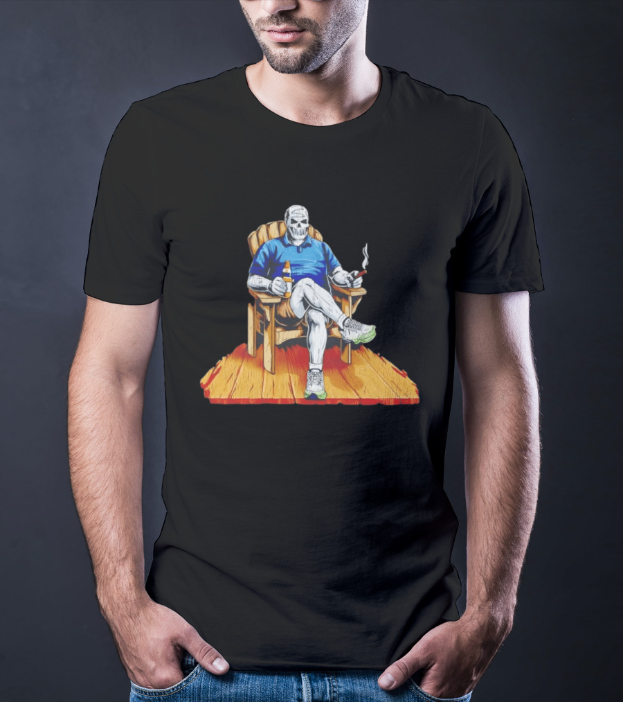 DarthBeards Skull Sitting In A Lawn Chair With Beer And Cigar T-Shirt