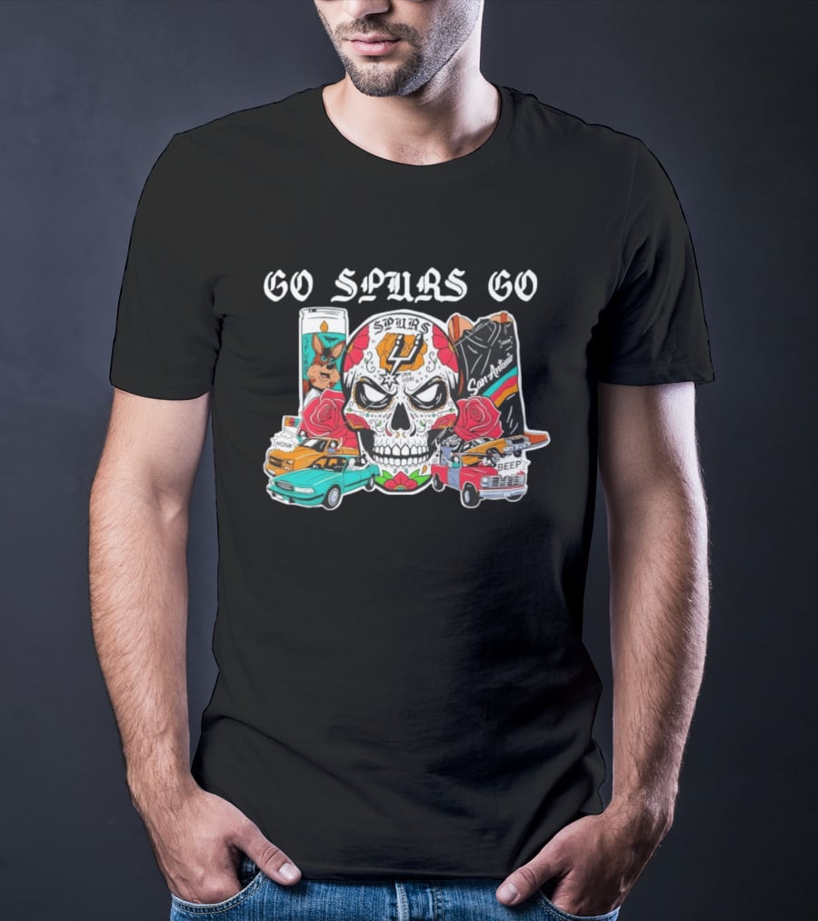 Go Spurs Go SAS Wemby Spurs The Alien Sugar Skull San Antonio Cars Roses T-Shirt