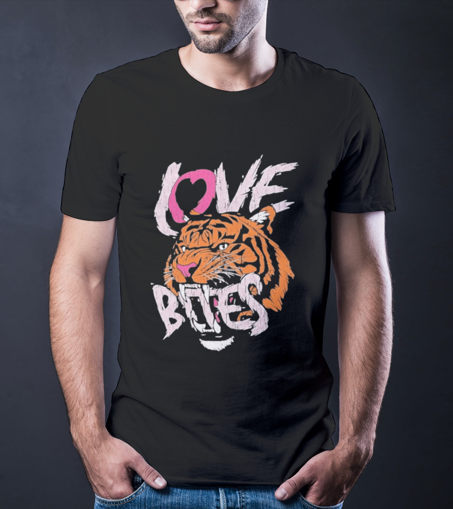 Love Bites Roaring Tiger Face Bold Pink And Orange T-Shirt