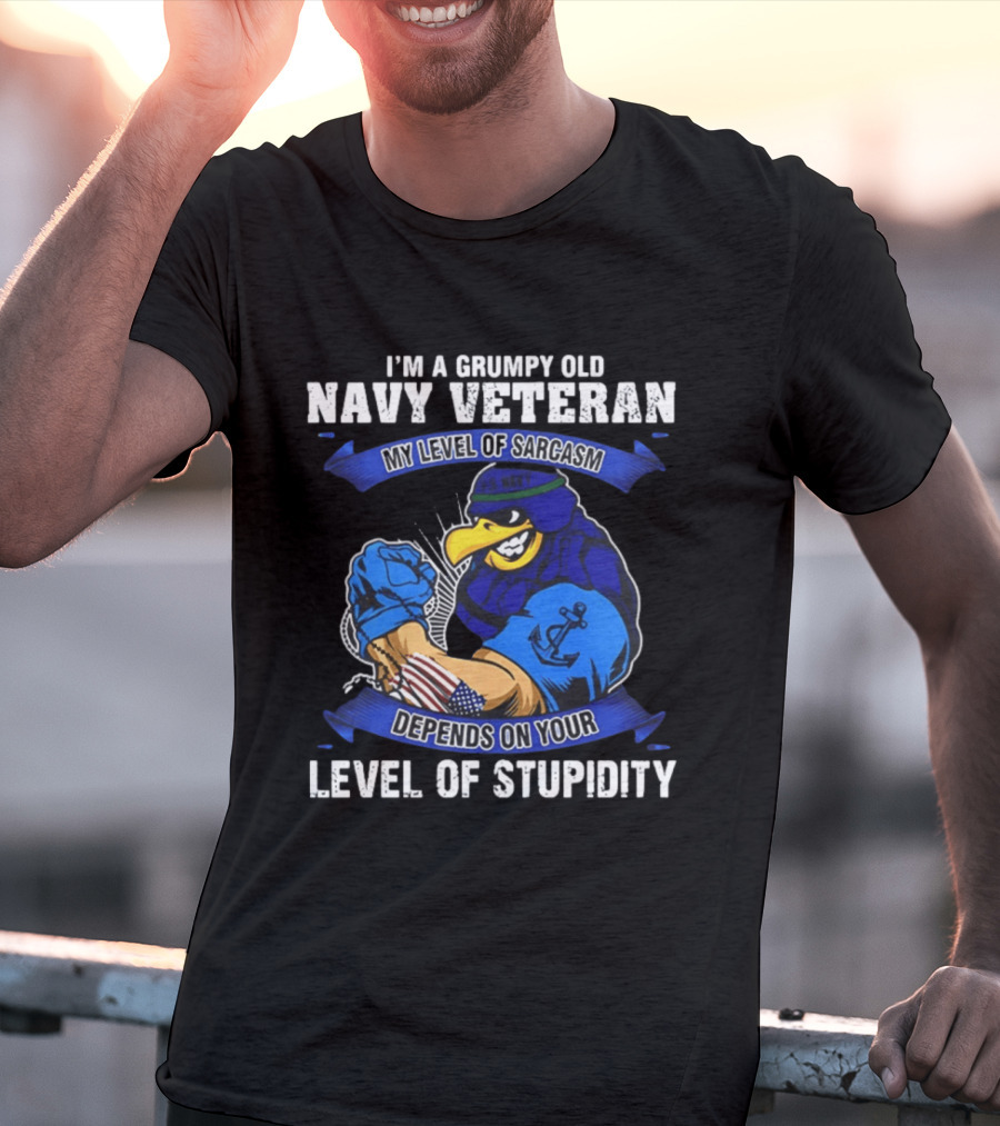 Grumpy Old Navy Veteran Sarcasm Stupidity Level Patriotic Eagle T-Shirt