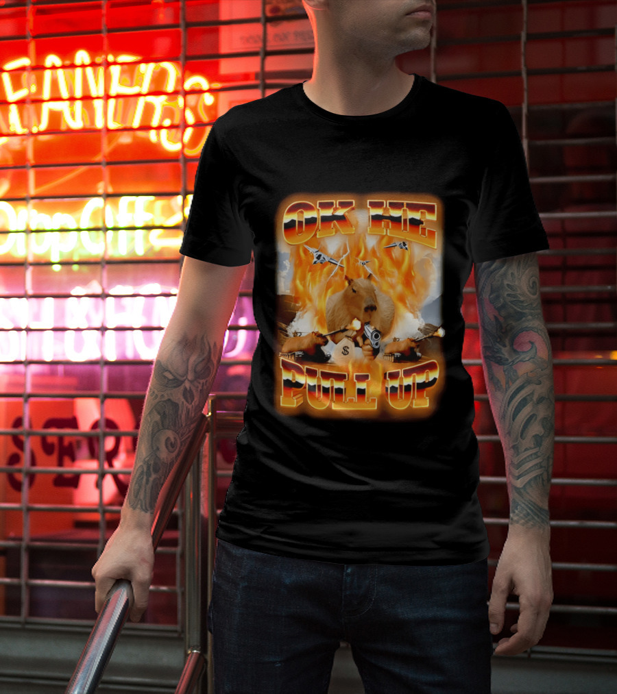 Ok He Pull Up Capybara Surrounded By Fire With Jets And Guns T-Shirt