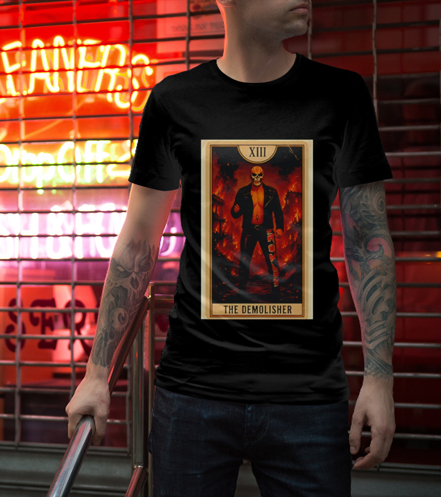 XIII The Demolisher Tarot Card Skull Masked Figure In Flames T-Shirt