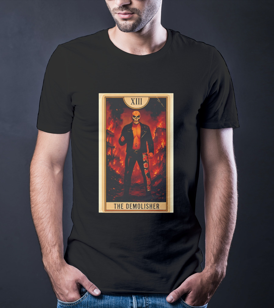 XIII The Demolisher Tarot Card Skull Masked Figure In Flames T-Shirt