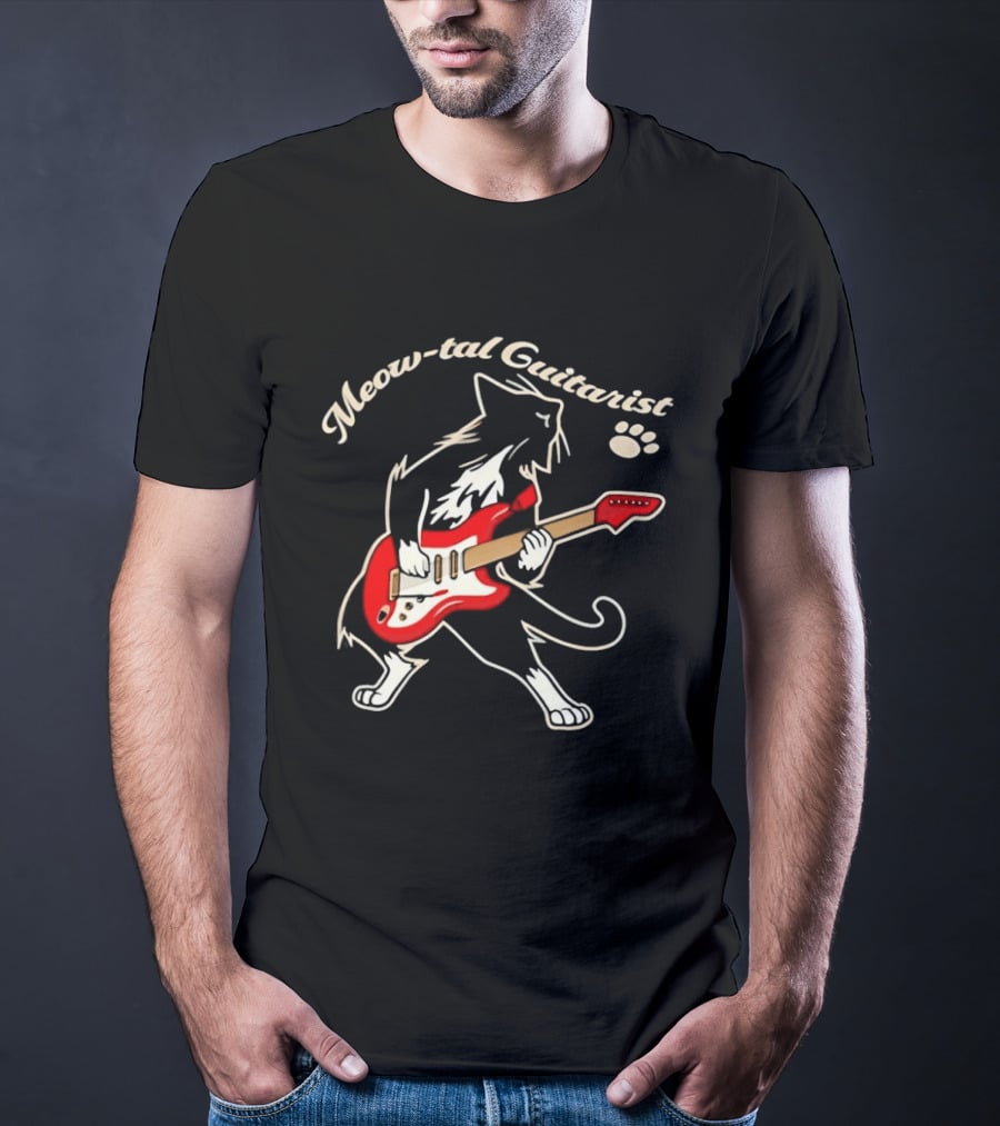 Meow Tal Guitarist Cat Playing Red Electric Guitar T-Shirt