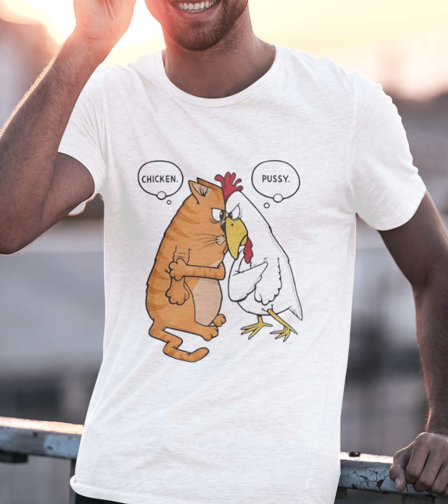 Chicken Pussy Standoff Cartoon Humor Confrontation T-Shirt