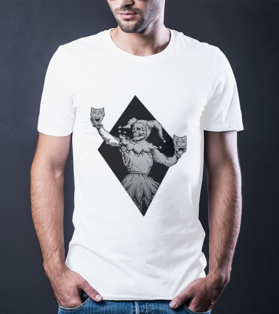 Skeleton Jester Holding Comedy And Tragedy Masks Medieval Gothic Costume T-Shirt