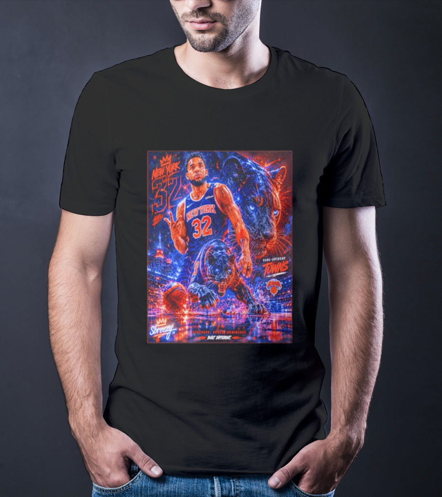 New York 32 Karl Anthony Towns Panther Blossom Street Slicey NBA Knicks T-Shirt