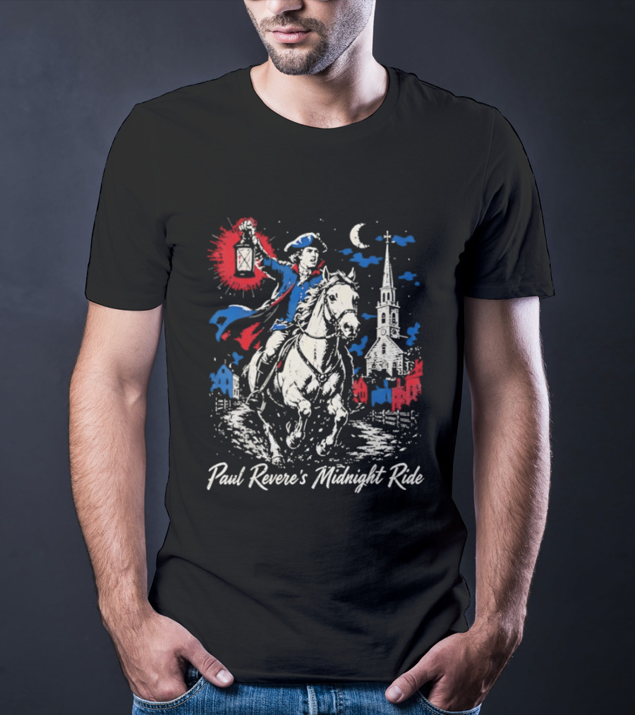 Paul Revere Midnight Ride American Revolutionary War Patriotic Historical Scene With Lantern And Church T-Shirt