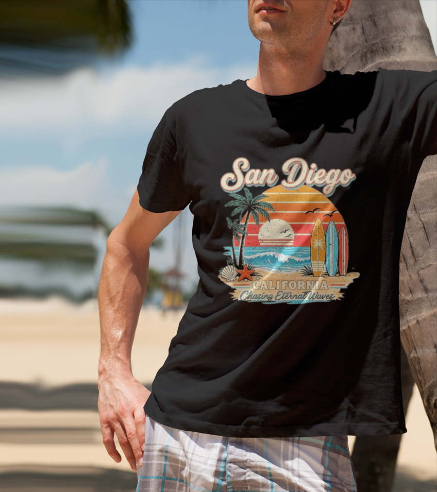 San Diego California Surfing Sunrise Chasing Eternal Waves Beach Vacation T-Shirt