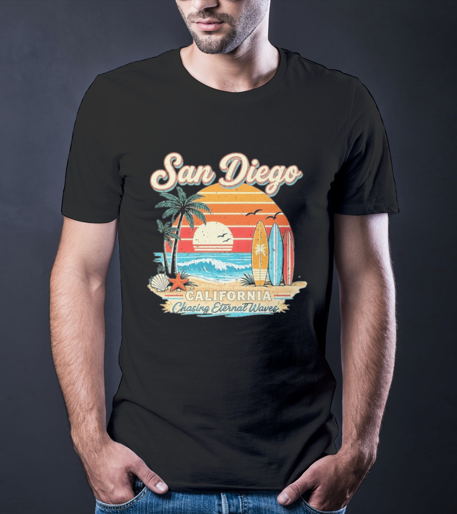 San Diego California Surfing Sunrise Chasing Eternal Waves Beach Vacation T-Shirt